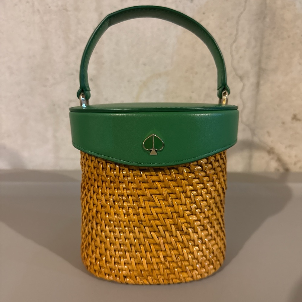 Kate Spade Green & Tan Woven Mini Top-Handle Bucket Bag - Picture 2 of 5